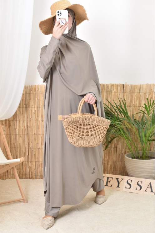 Women's taupe burkini swimwear jilbeb, high-quality water-repellent fabric
