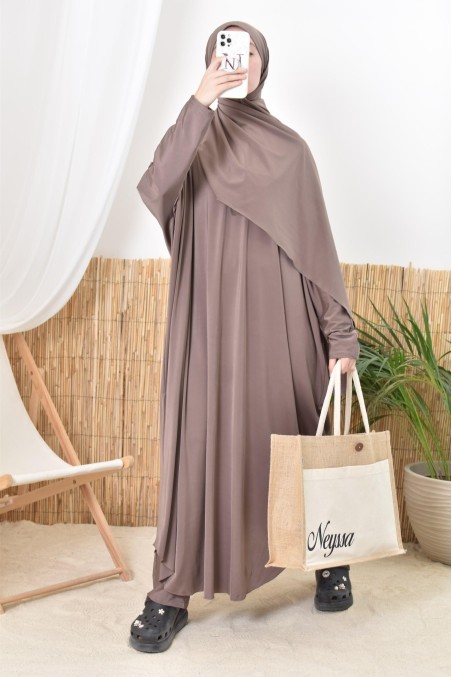 Burkini long jilbeb de bain taupe foncé pour femme hijabi