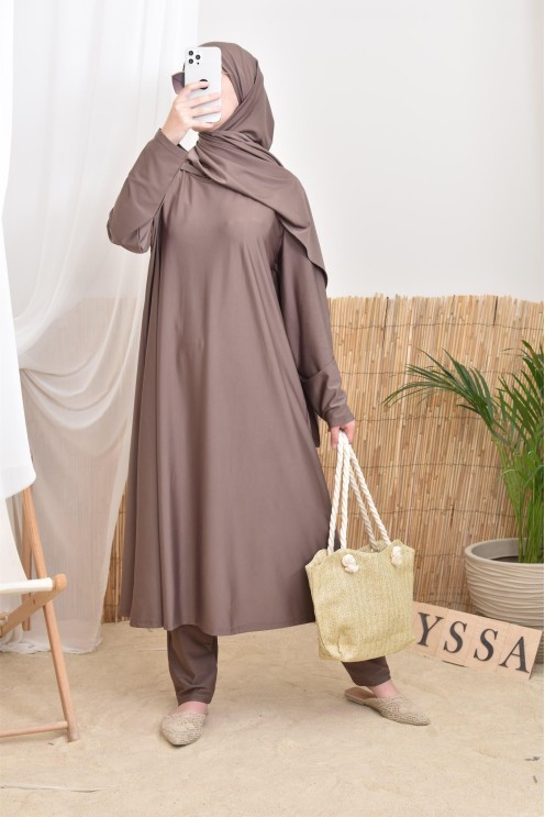 Burkini long 4 pièces taupe foncé, tendance swimwear Neyssa confection