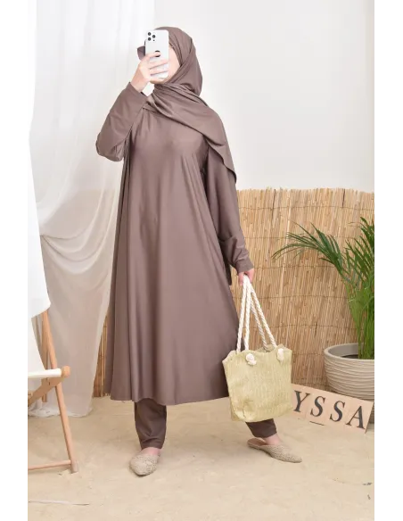 Long 4-piece dark taupe burkini, swimwear trend, Neyssa confection