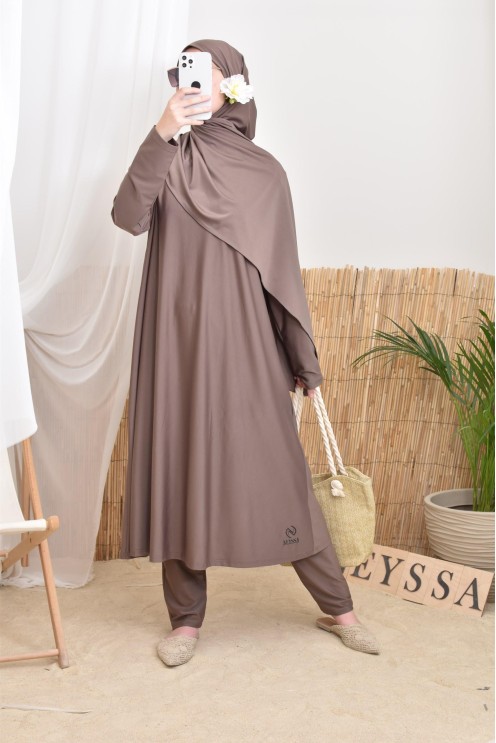 4-teiliger langer Burkini in dunklem Taupe, trendy Swimwear