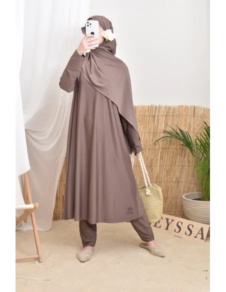 4-teiliger langer Burkini in dunklem Taupe, trendy Swimwear