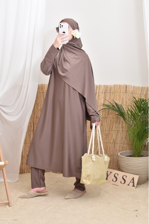 Long 4-piece dark taupe burkini, swimwear trend, Neyssa confection