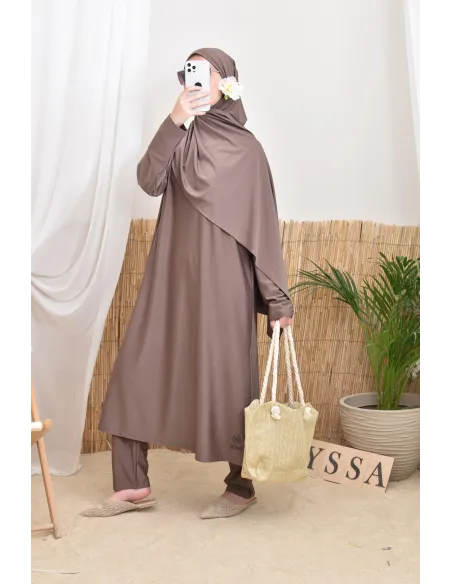Long 4-piece dark taupe burkini, swimwear trend, Neyssa confection