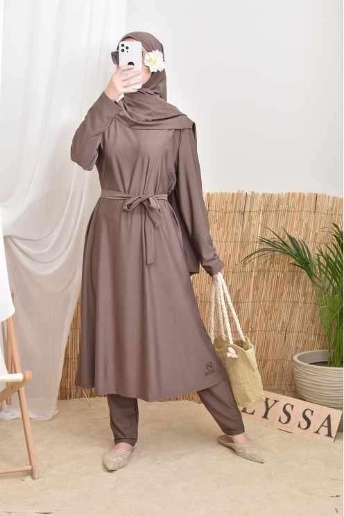 Long 4-piece dark taupe burkini, swimwear trend, Neyssa confection