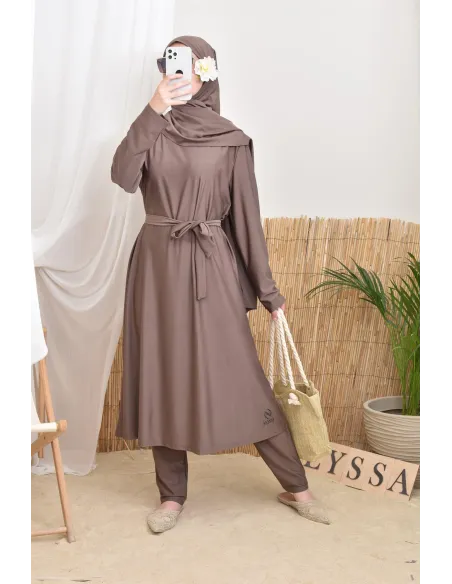 4-teiliger langer Burkini in dunklem Taupe, trendy Swimwear