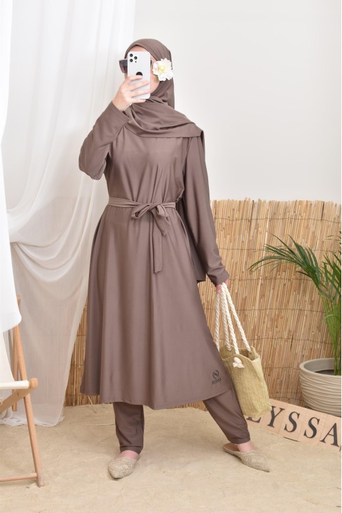 4-teiliger langer Burkini in dunklem Taupe, trendy Swimwear
