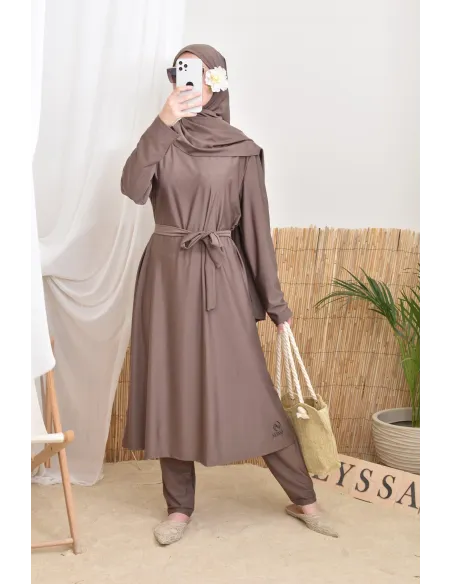Long 4-piece dark taupe burkini, swimwear trend, Neyssa confection
