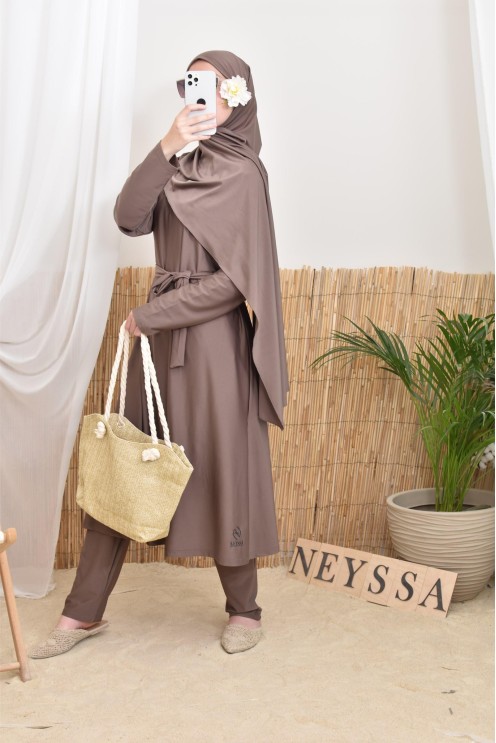 Burkini long 4 pièces taupe foncé, tendance swimwear Neyssa confection