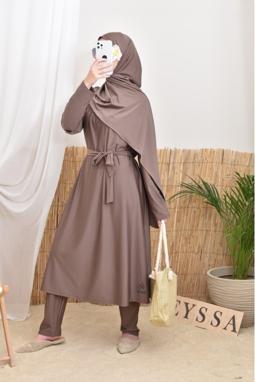 Long 4-piece dark taupe burkini, swimwear trend, Neyssa confection