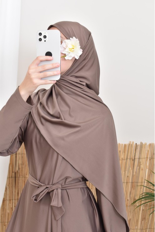Long 4-piece dark taupe burkini, swimwear trend, Neyssa confection