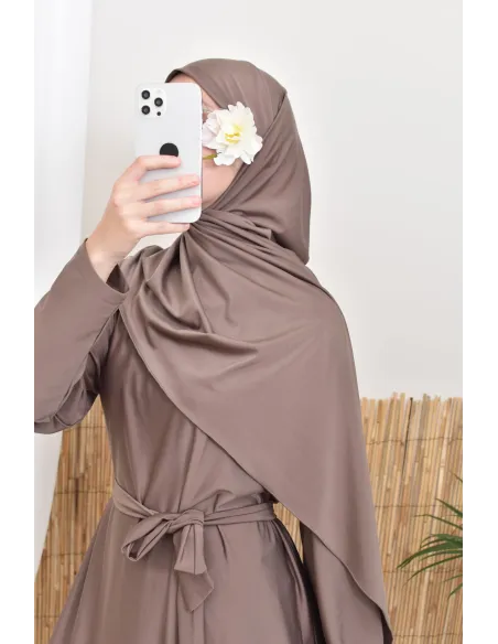 Long 4-piece dark taupe burkini, swimwear trend, Neyssa confection