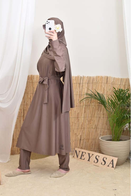 4-teiliger langer Burkini in dunklem Taupe, trendy Swimwear