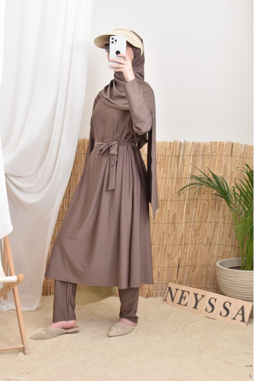 Burkini long 4 pièces taupe foncé, tendance swimwear Neyssa confection