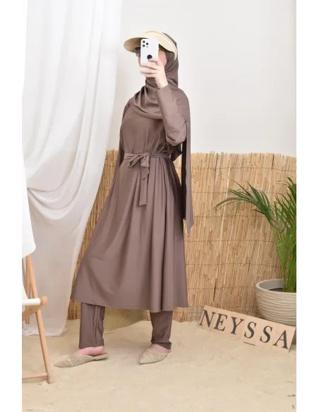 4-teiliger langer Burkini in dunklem Taupe, trendy Swimwear