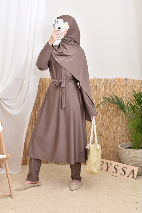 Long 4-piece dark taupe burkini, swimwear trend, Neyssa confection