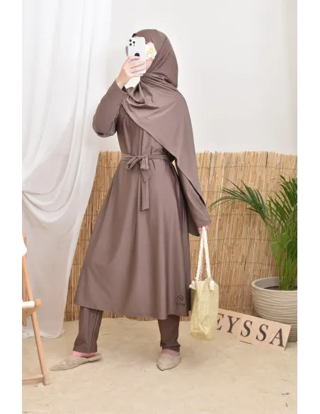Long 4-piece dark taupe burkini, swimwear trend, Neyssa confection