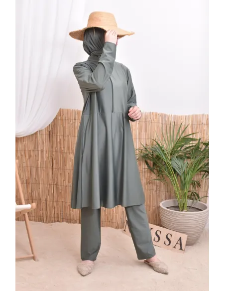 Burkini set, long tunic with zip, pants and hood, quick-drying