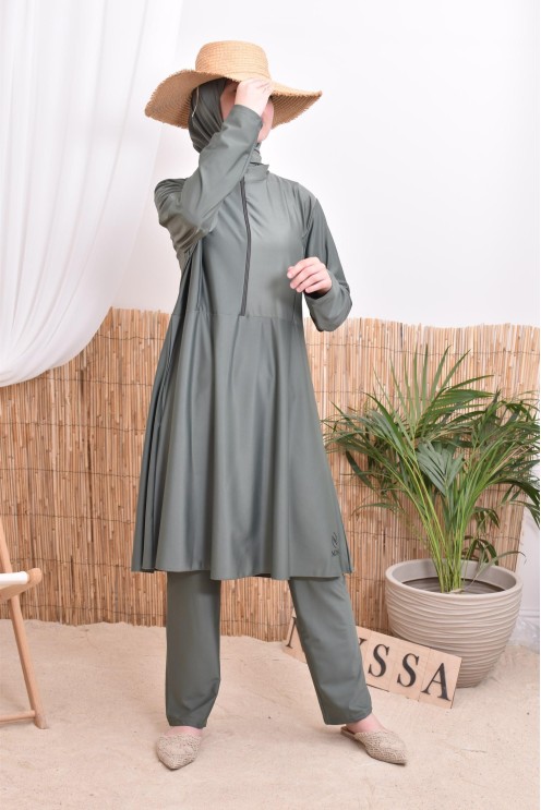 Burkini-Set aus langer Tunika mit Reißverschluss, Hose und Kapuze, schnelltrocknend