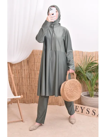Burkini-Set aus langer Tunika mit Reißverschluss, Hose und Kapuze, schnelltrocknend