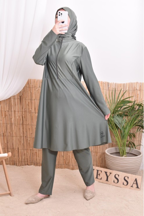 Burkini-Set aus langer Tunika mit Reißverschluss, Hose und Kapuze, schnelltrocknend