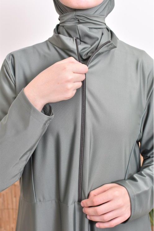 Burkini-Set aus langer Tunika mit Reißverschluss, Hose und Kapuze, schnelltrocknend