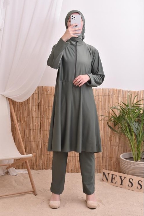 Ensemble burkini tunique longue zippée, pantalon et cagoule, séchage rapide