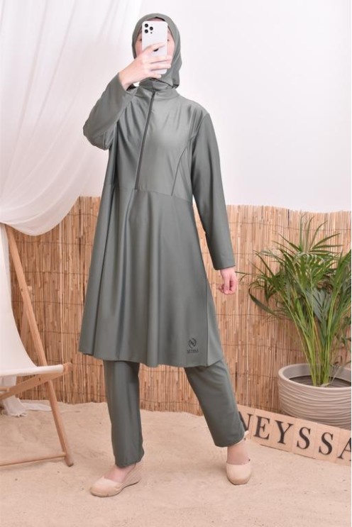Ensemble burkini tunique longue zippée, pantalon et cagoule, séchage rapide