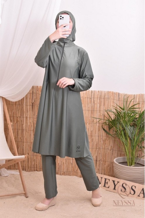 Burkini-Set aus langer Tunika mit Reißverschluss, Hose und Kapuze, schnelltrocknend