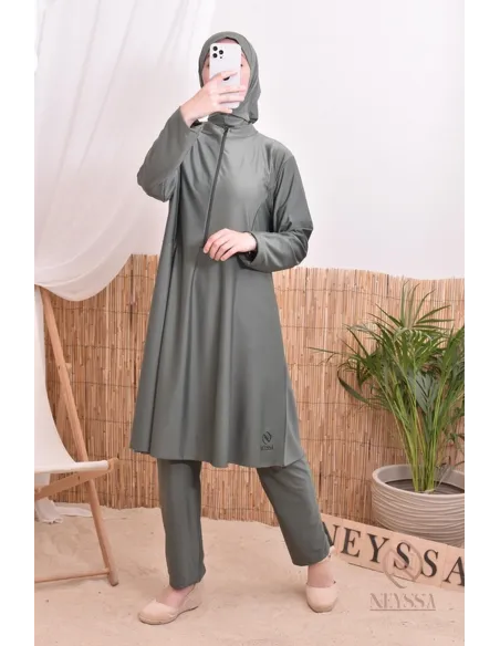 Ensemble burkini tunique longue zippée, pantalon et cagoule, séchage rapide