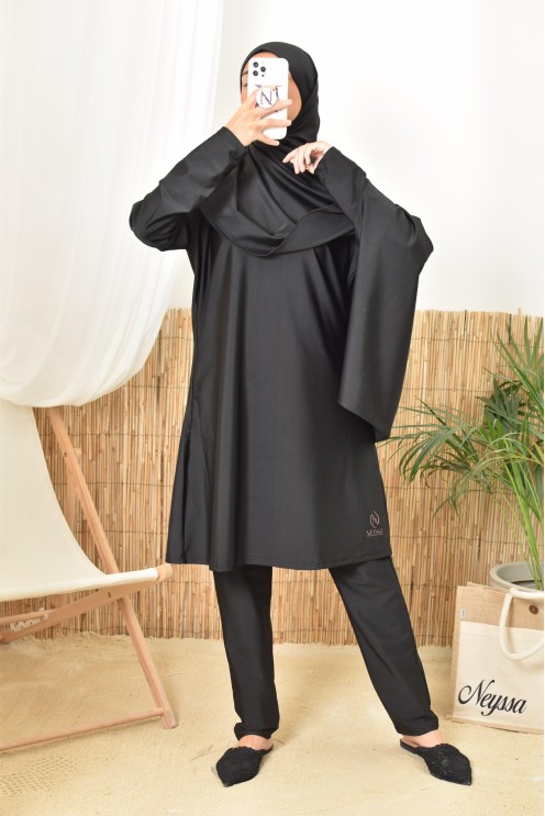 Schwarzer langer Burkini twil, Tunika mit seiner Hose und integriertem Hijab
