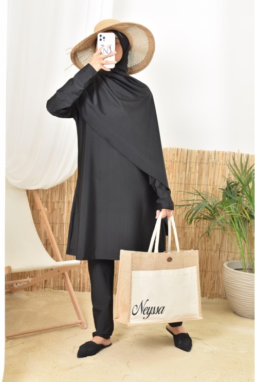 Burkini long noir twil, tunique avec son pantalon et hijab intégré