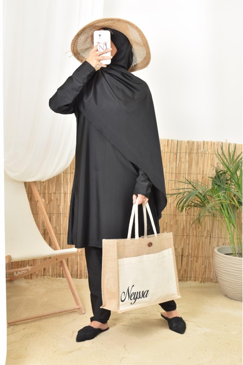 Long black burkini twil, tunic with pants and integrated hijab