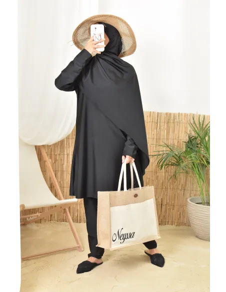 Long black burkini twil, tunic with pants and integrated hijab