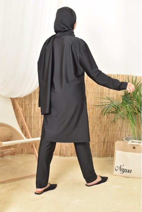 Long black burkini twil, tunic with pants and integrated hijab