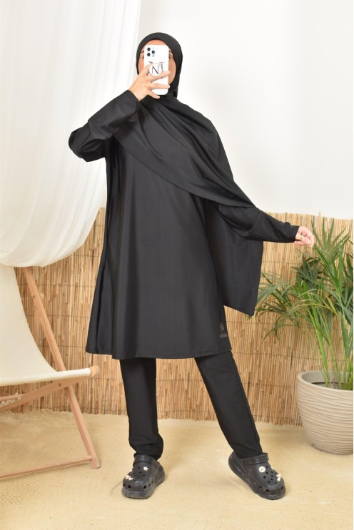 Long black burkini twil, tunic with pants and integrated hijab