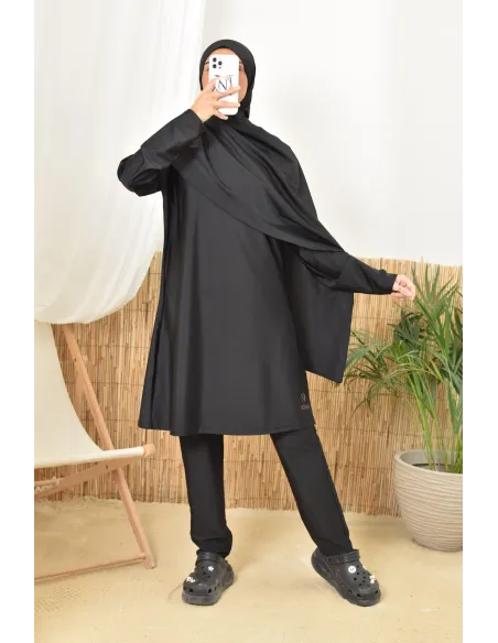 Burkini long noir twil, tunique avec son pantalon et hijab intégré