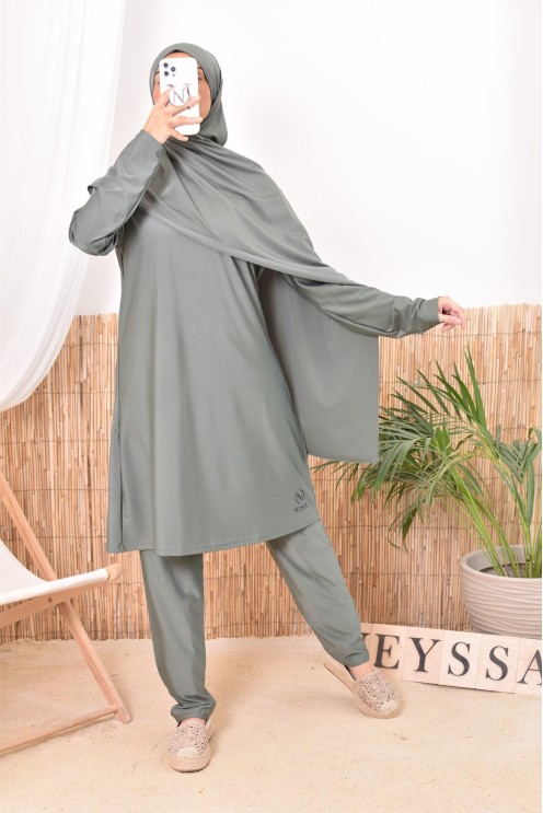 Burkini kaki long mastour parfait pour la femme voilée Neyssa Confection