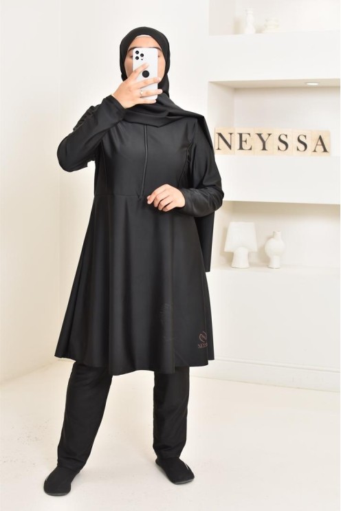 langer Burkini schwarz 3-teilig, Tunika, Hose und Hijab. ideal für Hijabi.