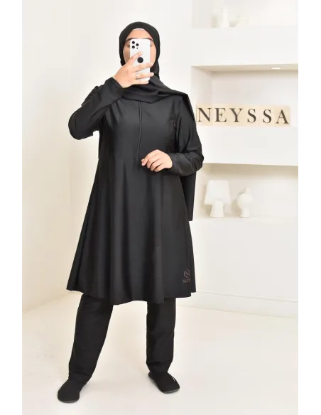 burkini long noir 3 pièces, tunique, pantalon et hijab. idéal hijabi