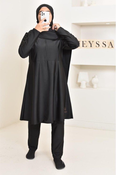 burkini long noir 3 pièces, tunique, pantalon et hijab. idéal hijabi