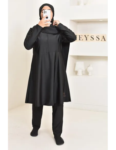 burkini long noir 3 pièces, tunique, pantalon et hijab. idéal hijabi