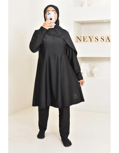 langer Burkini schwarz 3-teilig, Tunika, Hose und Hijab. ideal für Hijabi.