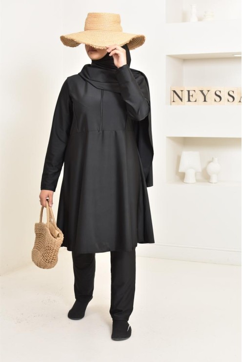 burkini long noir 3 pièces, tunique, pantalon et hijab. idéal hijabi
