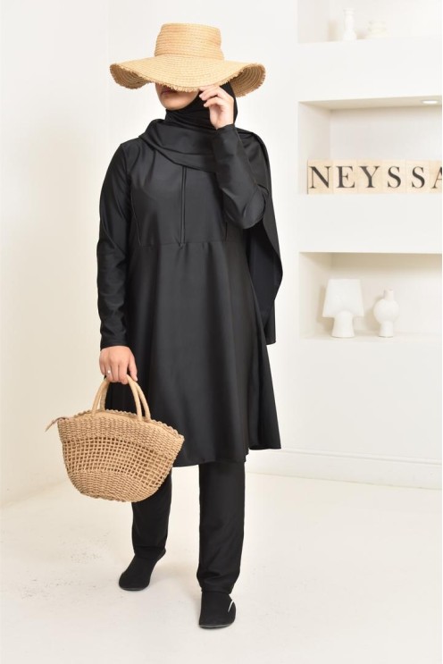 langer Burkini schwarz 3-teilig, Tunika, Hose und Hijab. ideal für Hijabi.
