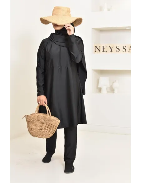 langer Burkini schwarz 3-teilig, Tunika, Hose und Hijab. ideal für Hijabi.