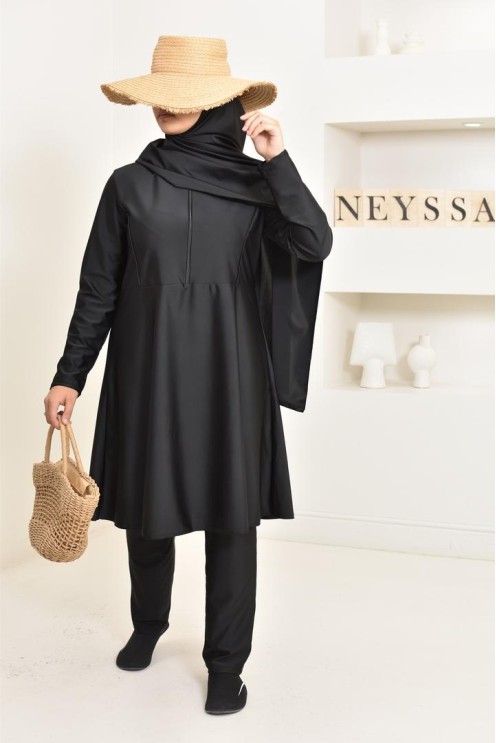 3-piece long black burkini, tunic, pants and hijab. ideal hijabi