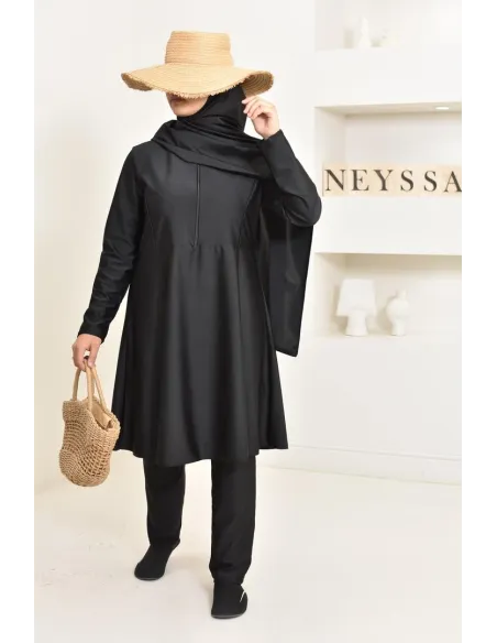 burkini long noir 3 pièces, tunique, pantalon et hijab. idéal hijabi