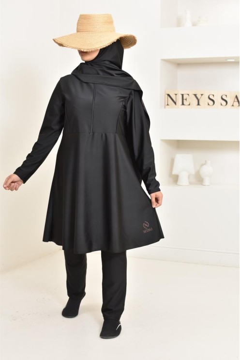 burkini long noir 3 pièces, tunique, pantalon et hijab. idéal hijabi