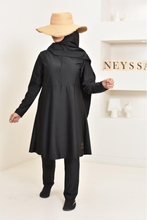 langer Burkini schwarz 3-teilig, Tunika, Hose und Hijab. ideal für Hijabi.